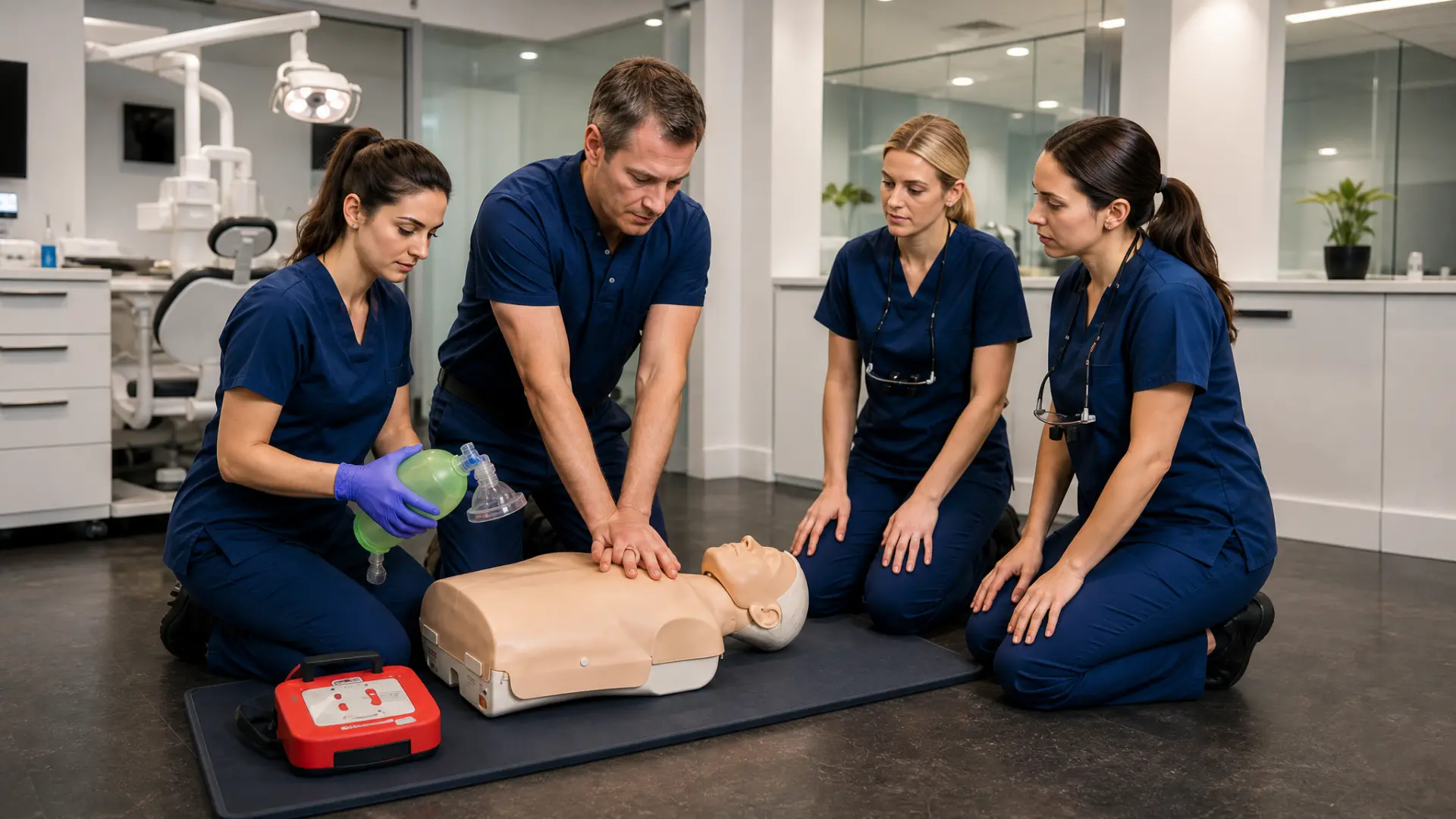 Instructor coaching clinical staff through compressions during onsite training