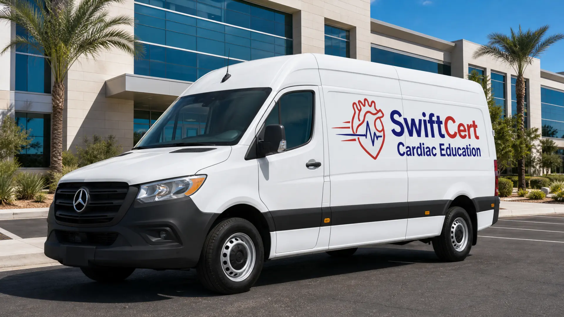 SwiftCert mobile training van parked outside a modern medical office