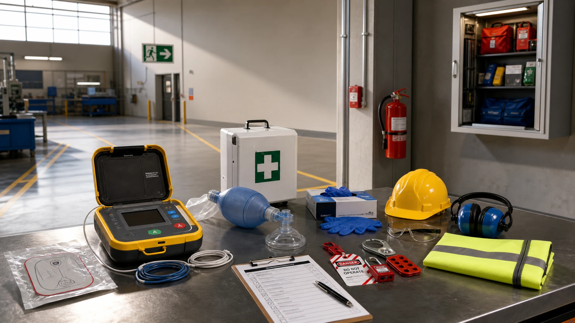 AED, first aid cabinet, hard hat and OSHA safety equipment laid out on a table in a manufacturing facility