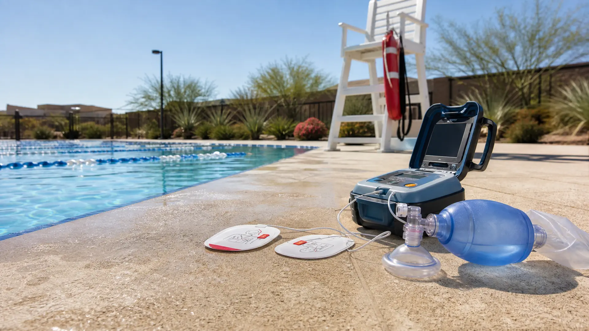 AED, defibrillation pads and bag valve mask staged poolside at a desert aquatic facility