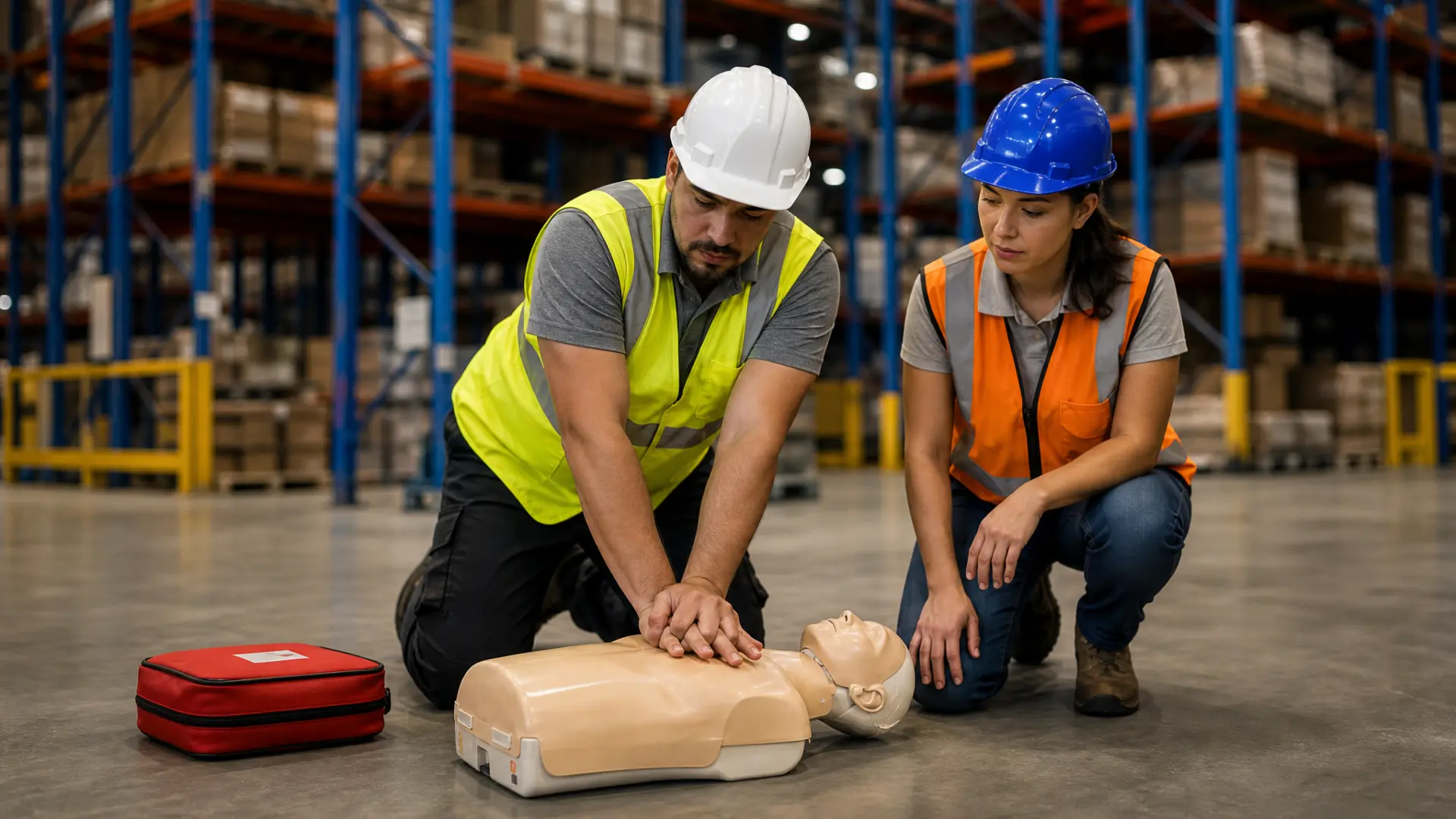 Warehouse crew in safety vests learning AED use at their job site