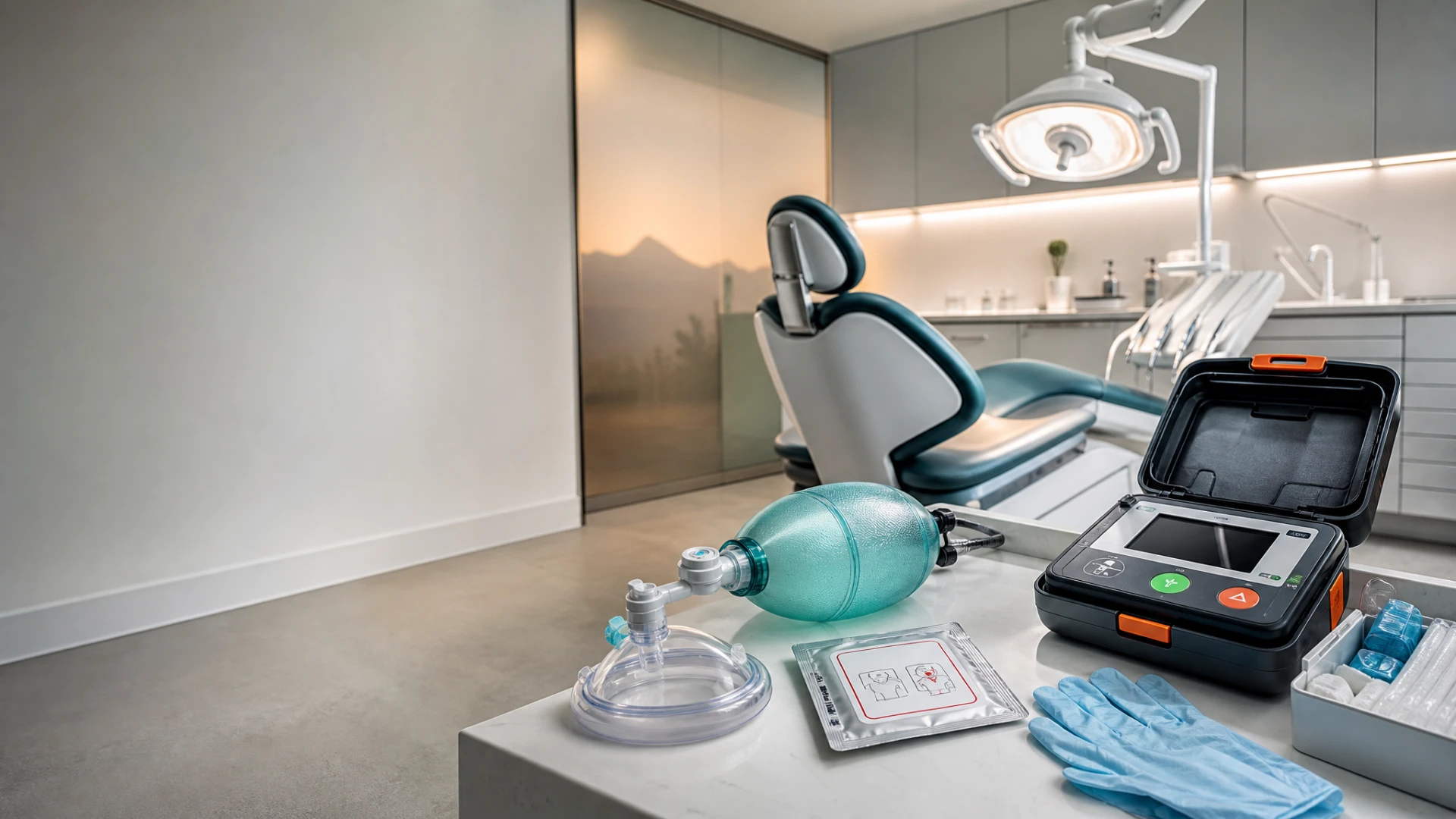 Modern dental operatory with AED, bag valve mask and emergency response equipment staged for onsite training